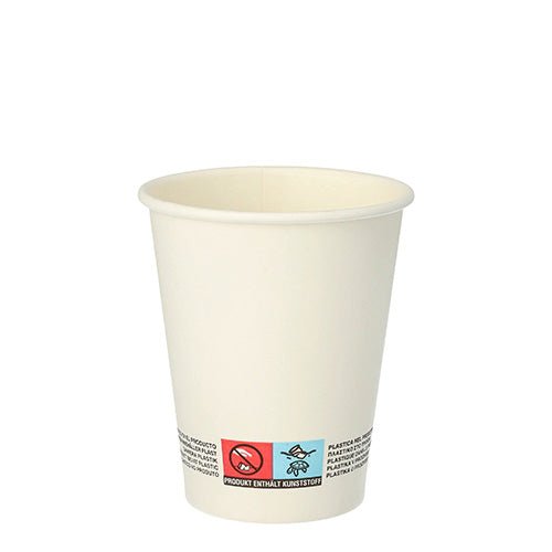 The Starpak 20 drinking cup "To Go" made of recyclable cardboard (0.2 l, Ø 8-9.1 cm) shows warning notices and symbols near the bottom and is presented against a white background.