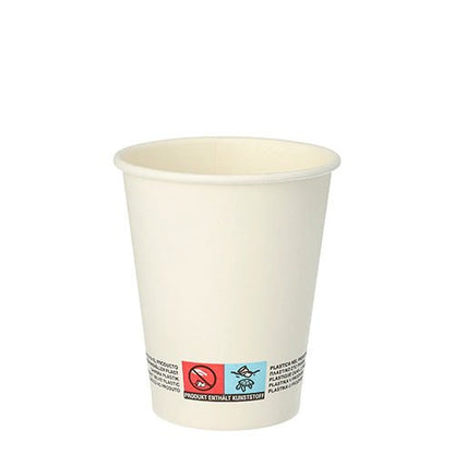The Starpak 20 drinking cup "To Go" made of recyclable cardboard (0.2 l, Ø 8-9.1 cm) shows warning notices and symbols near the bottom and is presented against a white background.