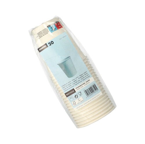 A stack of twenty Starpak 20 drinking cups "To Go" (0.2 l, cardboard, Ø 8-9.1 cm) wrapped in plastic, with a blue label showing a cup image, product information, and recycling symbols for reusable and environmentally friendly materials.