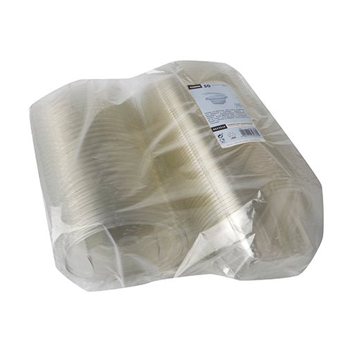 A package of Starpak 50 delicatessen and salad bowls with hinged lid, R-PET crystal clear round, stacked and shrink-wrapped in transparent plastic, with a label containing product information on top.