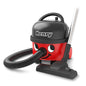 The Henry Compact Vacuum Cleaner HVR160-11 from Numatic International GmbH is a red-black canister vacuum with the name "Henry" on the top, a smiling face, a flexible hose, and a silver-black floor attachment.