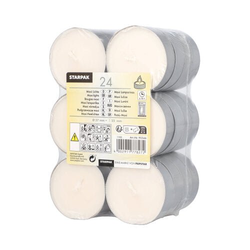 A package made of transparent plastic shrink wrap contains 24 white Starpak Maxi Light tea lights (Ø 57 mm × 22 mm) in silver cups with a yellow-white label with product information and safety symbols.