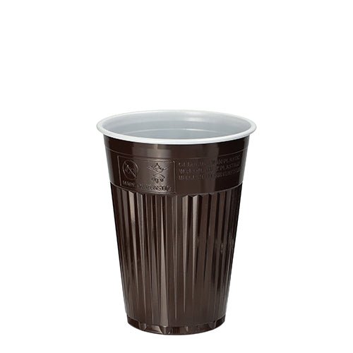 The Starpak 100 thermo vending cup (PS, 0.18 l, Ø 7.03 cm, 9 cm) in brown/white with a ribbed outside and smooth inside stands upright - ideal for keeping drinks warm on the go. Delivered in a pack of 100.