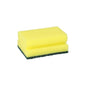 A rectangular yellow/green scrubbing sponge by Starpak with a grip groove, size 4.1 x 9.5 x 6.8 cm, from the set 'Starpak 6 Pot Cleaners', depicted on a white background.