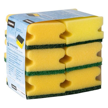 A pack of 6 rectangular Starpak pot cleaner sponges (4.1x9.5x6.8 cm), yellow/green with a grip groove for better hold, stacked and wrapped in a banderole. Ideal for scrubbing, from the brand Starpak.