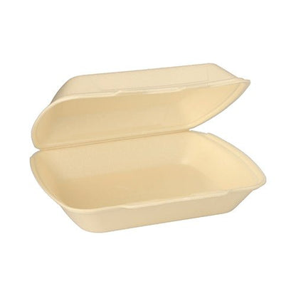 A Starpak menu box XPS to-go (7.5 cm x 24.3 cm x 20.8 cm) from the set "Starpak 100 menu boxes with hinged lid" is shown open and empty on a white background, displaying its beige rectangular design.