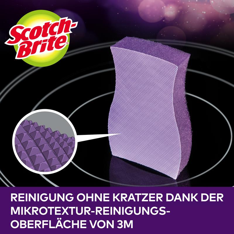 A Scotch-Brite™ Glass Ceramic Cleaning Sponge from 3M Deutschland GmbH (pack of 3 pieces) is shown. A close-up inset highlights the microtexture, which according to the German text allows for scratch-free cleaning.