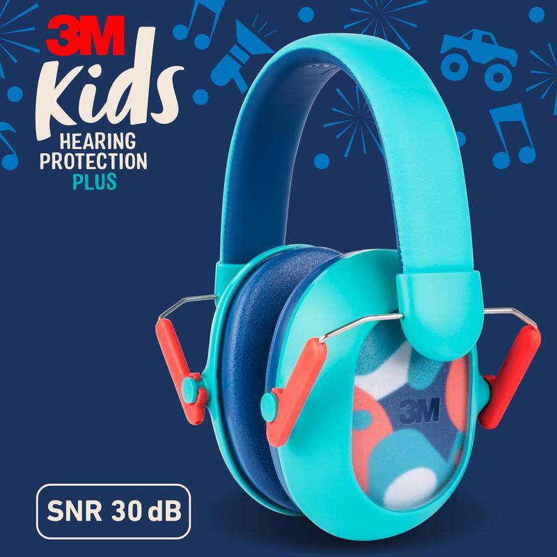 A pair of teal 3M™ Kids Hearing Protection PKIDSP-TEAL-E (87-98 dB), from 3M Deutschland GmbH, with red accents, depicted on a blue background with musical notes. Text: "3M Kids Hearing Protection Plus", "SNR 30 dB".