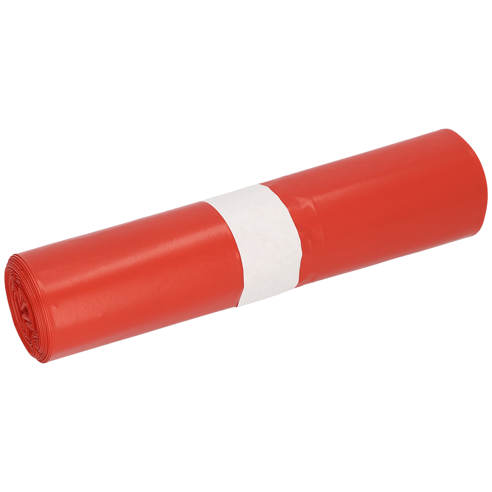 A roll of DEISS 91044 red garbage bags (Type 70, 300+250x600 mm, pack of 25 pieces) from EMIL DEISS KG (GmbH + Co.), secured with a simple white paper band, depicted on a white background.