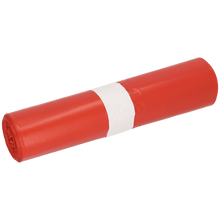 A roll of DEISS 91044 red garbage bags (Type 70, 300+250x600 mm, pack of 25 pieces) from EMIL DEISS KG (GmbH + Co.), secured with a simple white paper band, depicted on a white background.