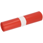 A roll of DEISS 91044 red garbage bags (Type 70, 300+250x600 mm, pack of 25 pieces) from EMIL DEISS KG (GmbH + Co.), secured with a simple white paper band, depicted on a white background.