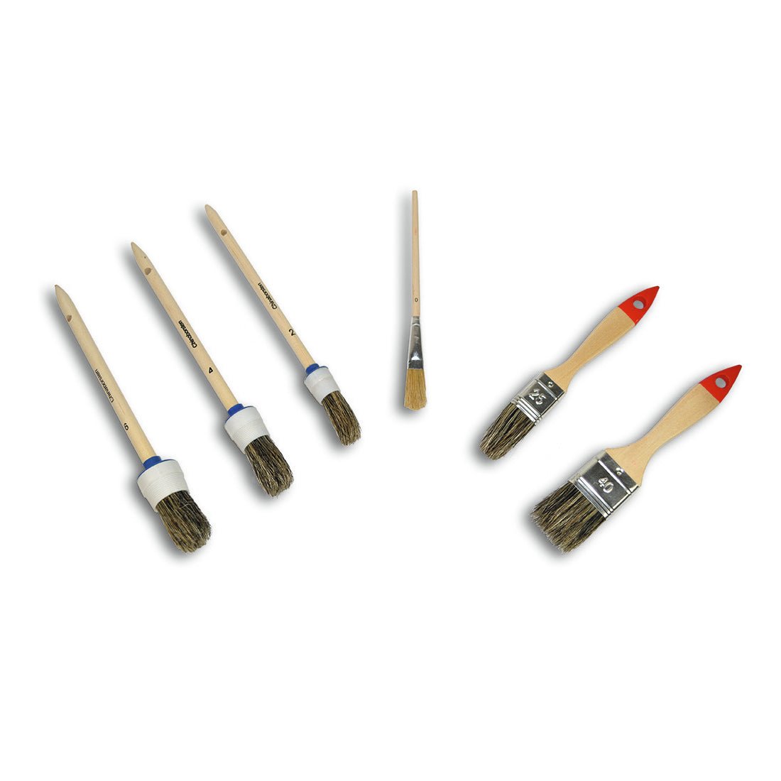 Depicted are six brushes from Nölle Profi Brush Bürsten- & Pinseltechnik e.K.: The 6-piece brush set includes four round brushes (round heads) and two flat brushes (flat, angled bristles) in sizes 02-1.5", all with wooden handles.