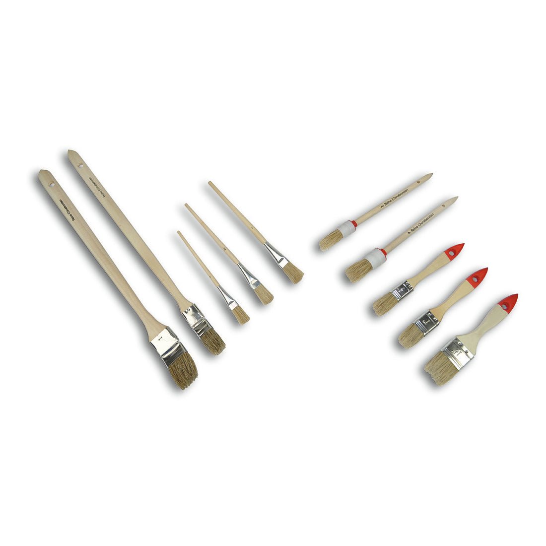 Ten brushes from the Nölle Profi Brush 10-piece brush set by Nölle Profi Brush Bürsten- & Pinseltechnik e.K. are arranged on a white background, including round, flat, and small brushes with wooden handles and metal ferrules.