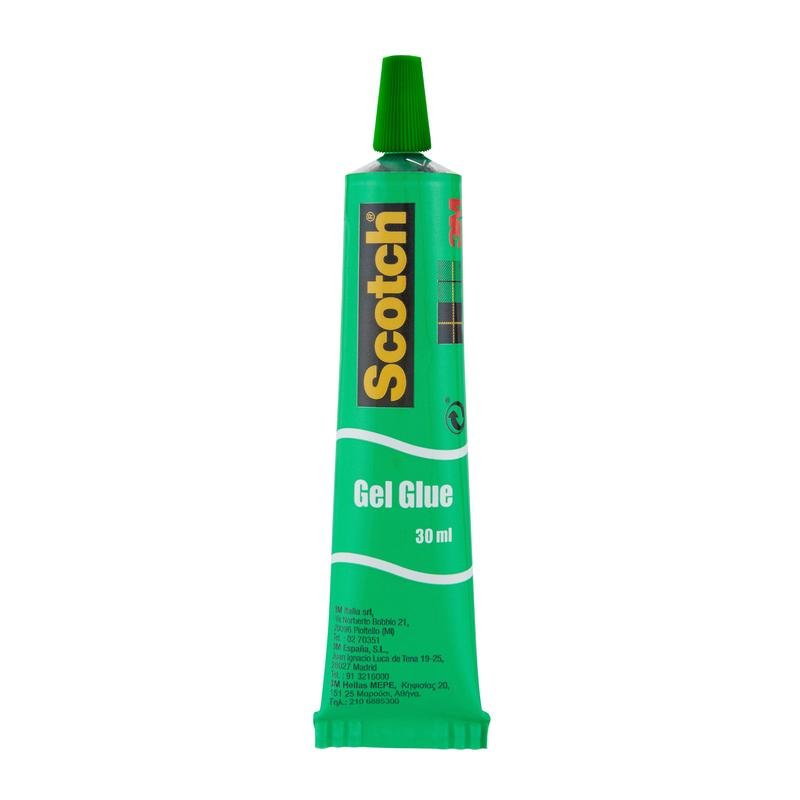 A 30-ml tube of Scotch® liquid adhesive from 3M Deutschland GmbH with a green cap and yellow "Scotch" lettering on a black label. This strong adhesive ensures a reliable bond; available in displays of 24 tubes or as individual units.