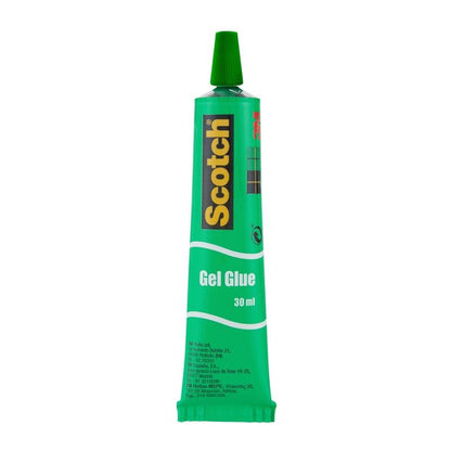 A 30-ml tube of Scotch® liquid adhesive from 3M Deutschland GmbH with a green cap and yellow "Scotch" lettering on a black label. This strong adhesive ensures a reliable bond; available in displays of 24 tubes or as individual units.