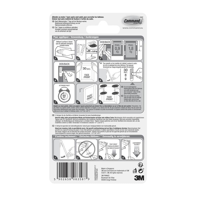 On the back of the Command™ Picture Hanging Strips S, small, black, 17202BLK from 3M Deutschland GmbH, you will find a pictorial step-by-step guide for attaching and removing, weight limits, and multilingual product information for easy hanging of pictures without nails.