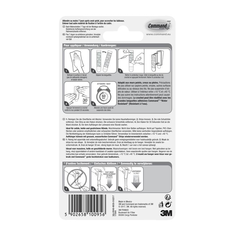 The back of a Command™ canvas hanger package from 3M Deutschland GmbH contains a pictorial application/removal guide in four languages, a barcode at the bottom, manufacturer information, and the 3M logo.