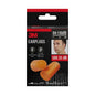 A package of 3M™ Earplugs 1100 from 3M Deutschland GmbH with two orange soft foam earplugs (SNR 35 dB) being worn, features hypoallergenic material and a comfortable fit for various ear canal sizes.