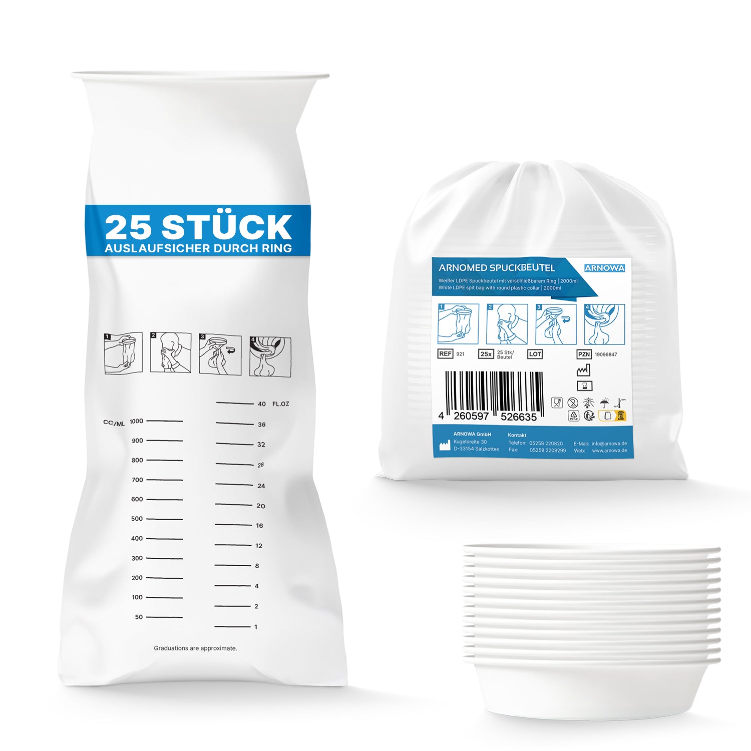 The image shows an ARNOMED vomit bag with a closure ring from ARNOWA GmbH, with measurement markings, instructions, blue/black labeling, a stack of hygienic disposable bags, and the "25 pieces" packaging as medical accessories.