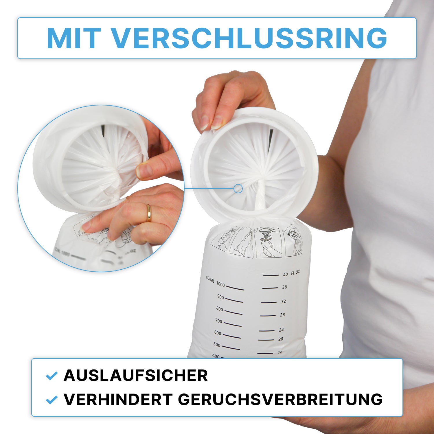 A person demonstrates closing an ARNOMED vomit bag with a closure ring (ARNOWA GmbH), a white medical plastic bag with measurement markings and illustrated German instructions, highlighting leak protection and odor prevention. Sentence: 25 pieces.