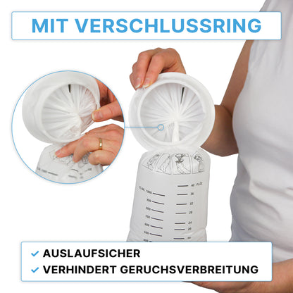 A person demonstrates closing an ARNOMED vomit bag with a closure ring (ARNOWA GmbH), a white medical plastic bag with measurement markings and illustrated German instructions, highlighting leak protection and odor prevention. Sentence: 25 pieces.