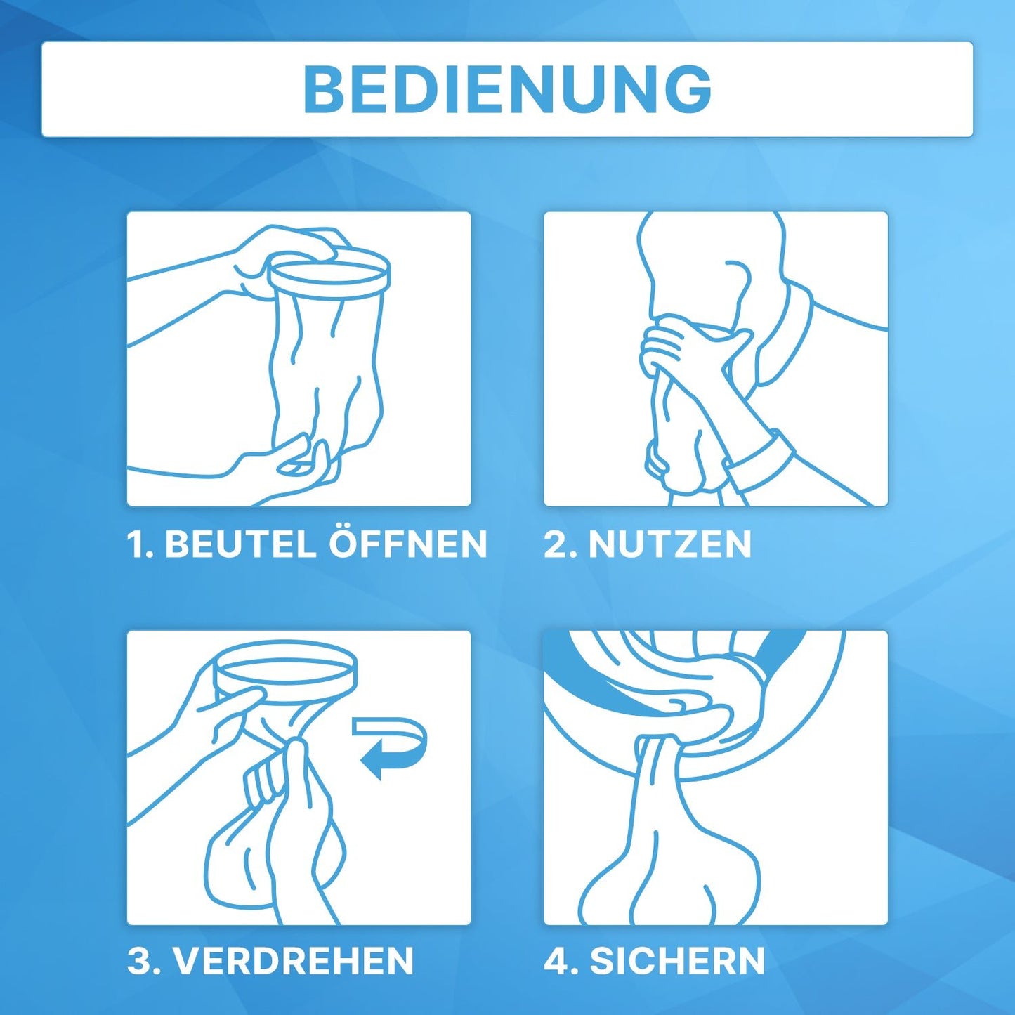Four images labeled 1-4 show how to use the ARNOMED vomit bag with a closure ring (ARNOWA GmbH): open the bag, hold it to the mouth, twist the top, and secure with the closure ring. Instructions are in German as medical accessories.