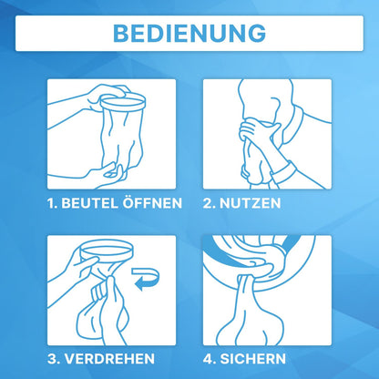 Four images labeled 1-4 show how to use the ARNOMED vomit bag with a closure ring (ARNOWA GmbH): open the bag, hold it to the mouth, twist the top, and secure with the closure ring. Instructions are in German as medical accessories.