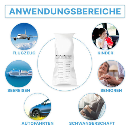 A diagram shows the ARNOMED vomit bag with a closure ring (ARNOWA GmbH) in white in the center, surrounded by five labeled circles: airplane, sea travel, children, seniors, car trips, and pregnancy.