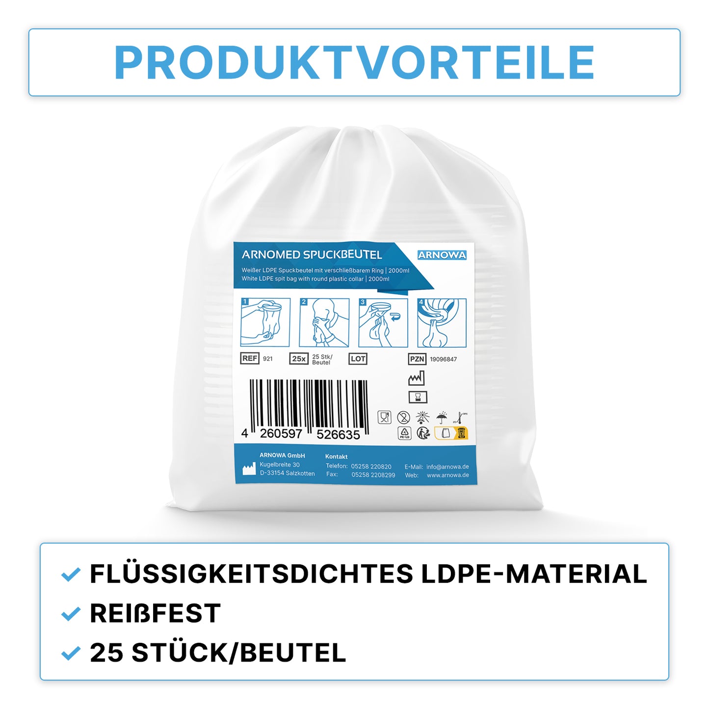 A white ARNOMED vomit bag with a closure ring from ARNOWA GmbH, hygienic and practical, with barcode, product information, and instructions. Made of liquid-tight LDPE, tear-resistant; 25 pieces per bag.
