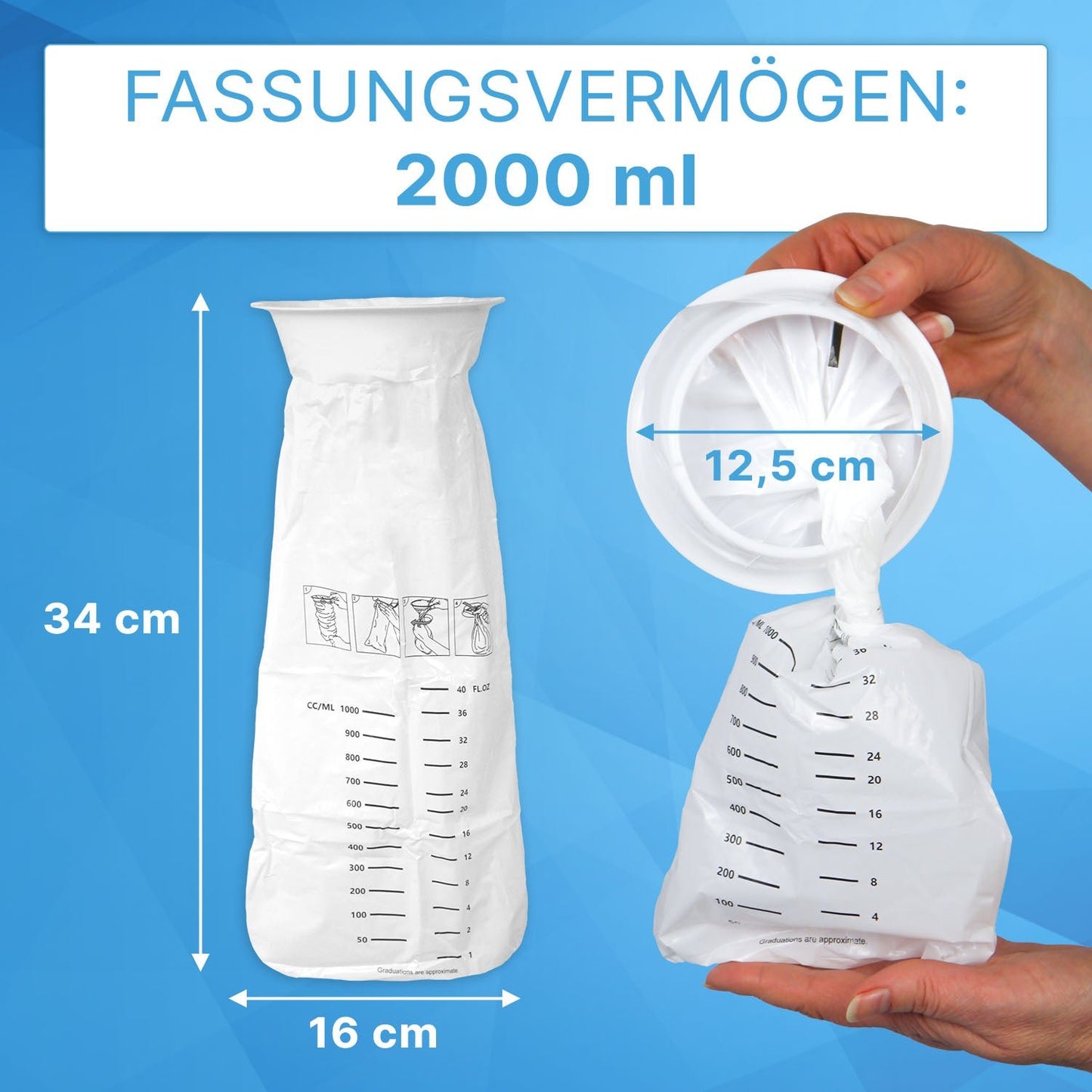 The ARNOMED vomit bag with a closure ring from ARNOWA GmbH (25 pieces) is a white, hygienic bag (34 x 16 cm) with a 12.5 cm opening and a measurement scale up to 2000 ml - ideal as medical accessories or vomit bag.