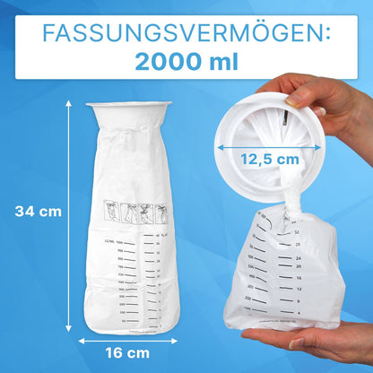 The ARNOMED vomit bag with a closure ring from ARNOWA GmbH (25 pieces) is a white, hygienic bag (34 x 16 cm) with a 12.5 cm opening and a measurement scale up to 2000 ml - ideal as medical accessories or vomit bag.