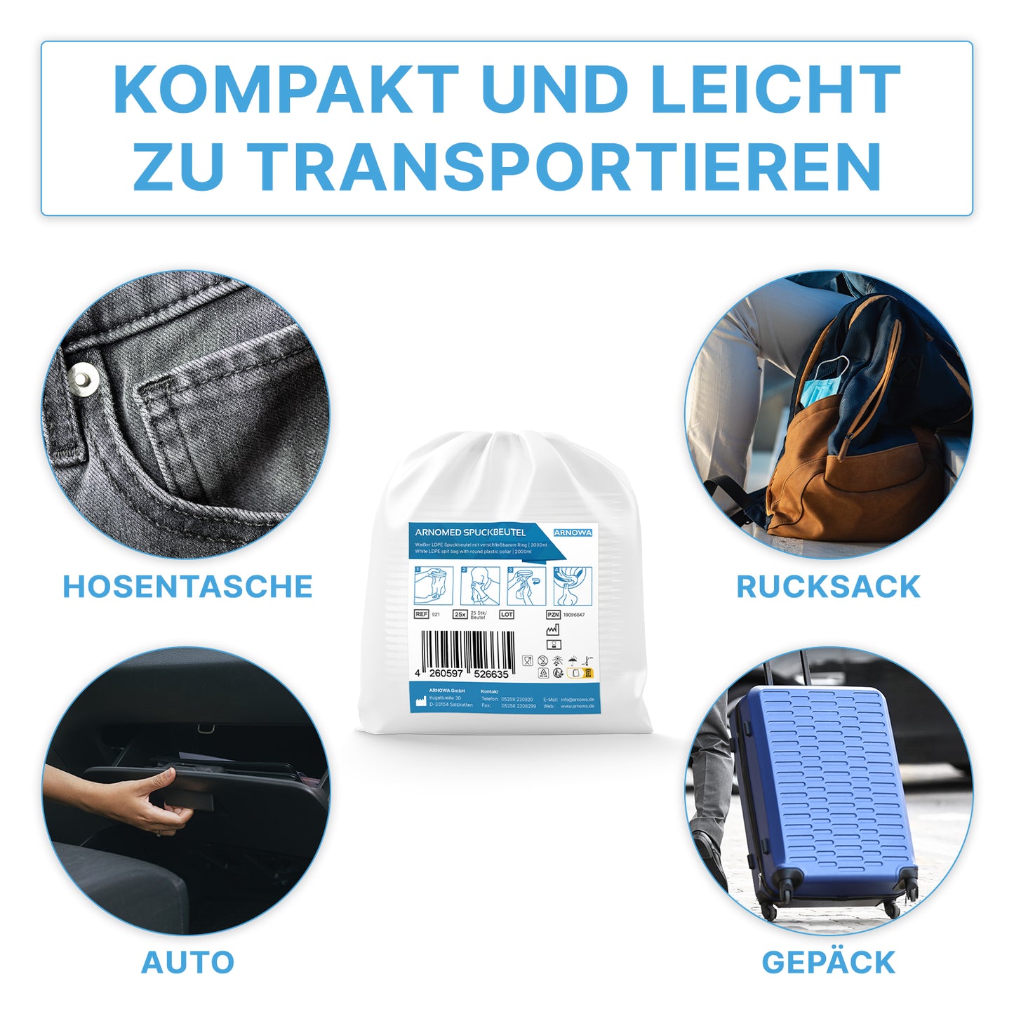 A white-packaged ARNOMED vomit bag from ARNOWA GmbH is at the center, surrounded by images with the labels "pocket", "backpack", "car", and "luggage", showing the hygienic, practical bag set (25 pieces) with a closure ring.