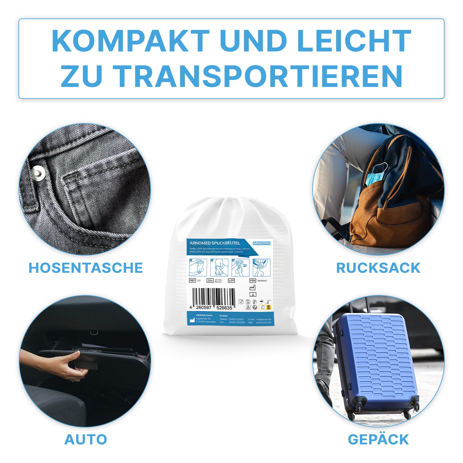 A white-packaged ARNOMED vomit bag from ARNOWA GmbH is at the center, surrounded by images with the labels "pocket", "backpack", "car", and "luggage", showing the hygienic, practical bag set (25 pieces) with a closure ring.