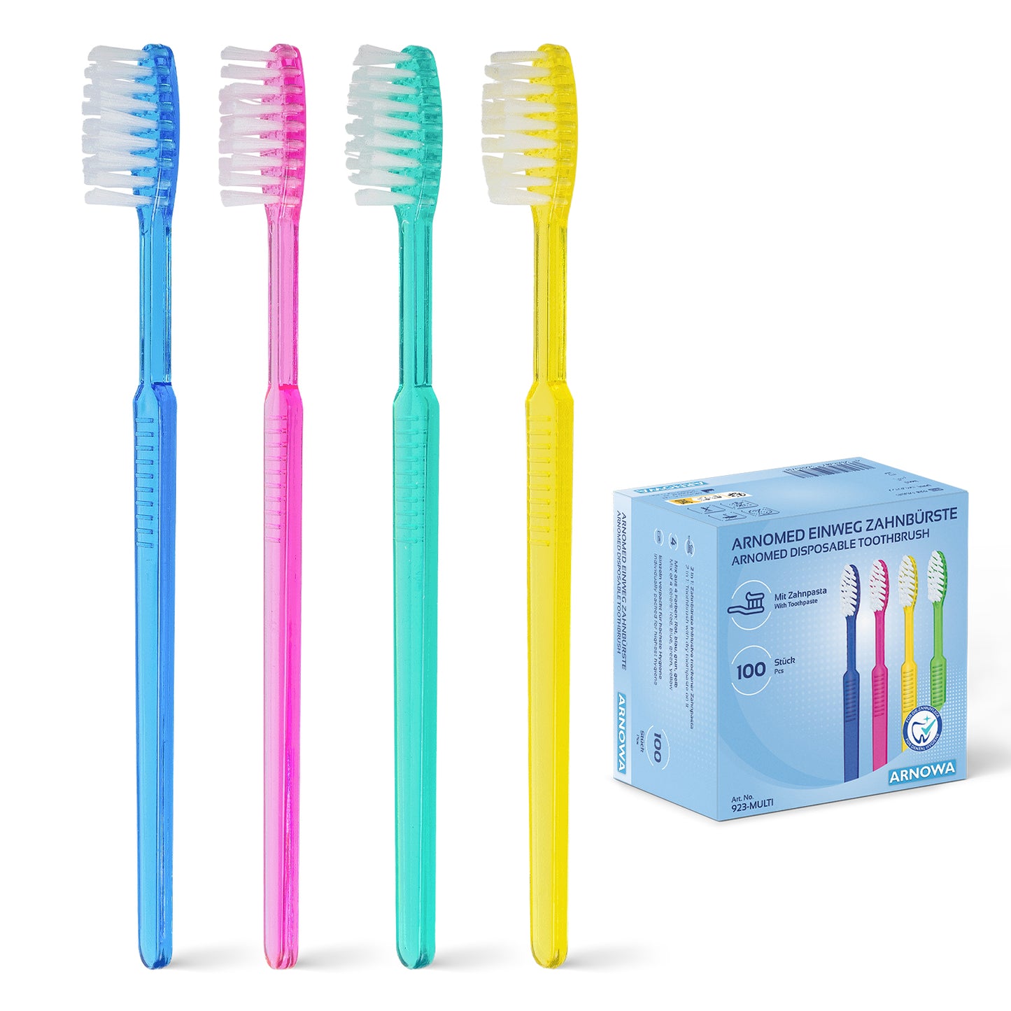 Four disposable toothbrushes in blue, pink, green, and yellow stand upright next to a blue ARNOMED disposable toothbrush with toothpaste box (100 pieces) from ARNOWA GmbH - each toothbrush individually packed with toothpaste.