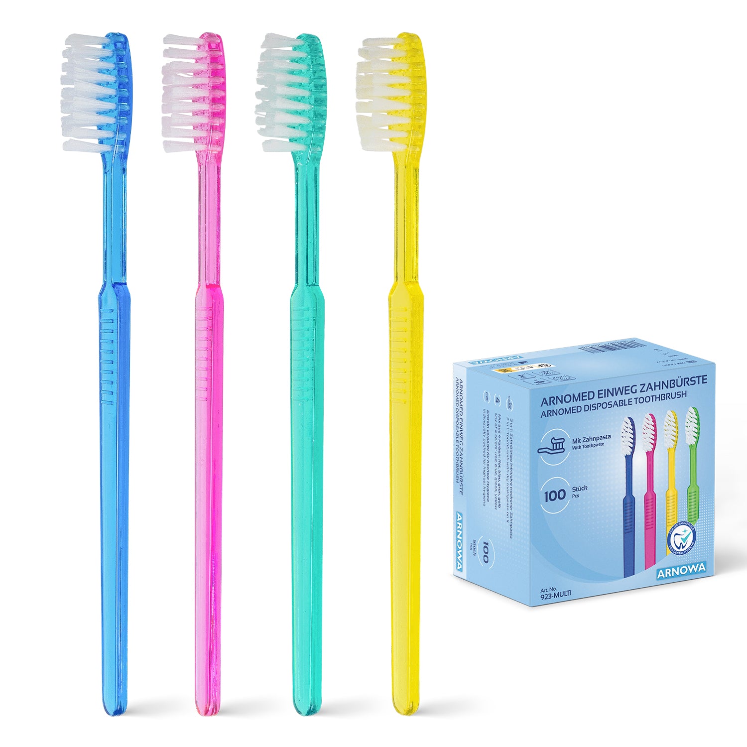 Four disposable toothbrushes in blue, pink, green, and yellow stand upright next to a blue ARNOMED disposable toothbrush with toothpaste box (100 pieces) from ARNOWA GmbH - each toothbrush individually packed with toothpaste.