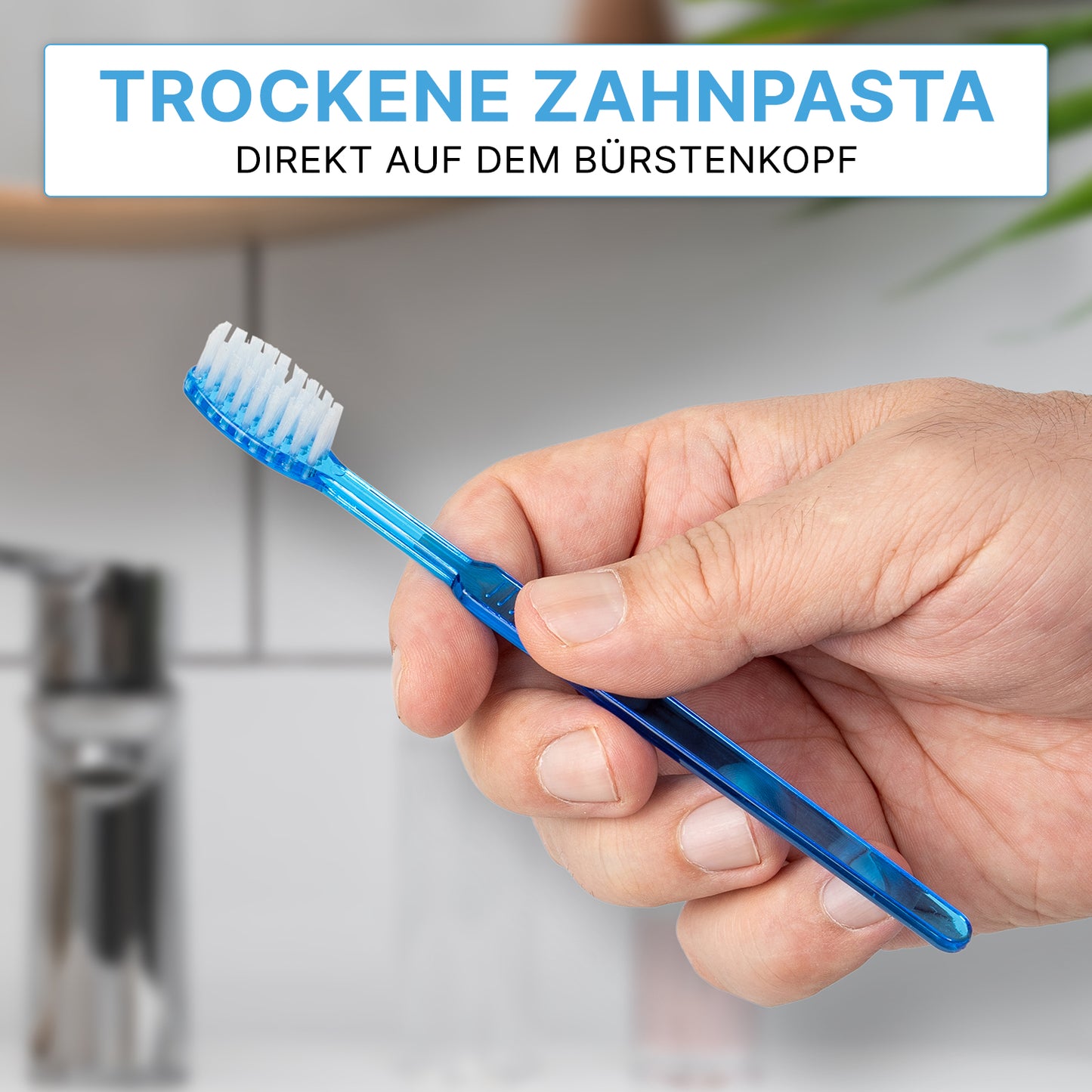 A hand holds an ARNOMED disposable toothbrush with toothpaste from ARNOWA GmbH. German text: "Dry toothpaste directly on the brush head" emphasizes the convenient, quick application on the go. Box contains 100 pieces.