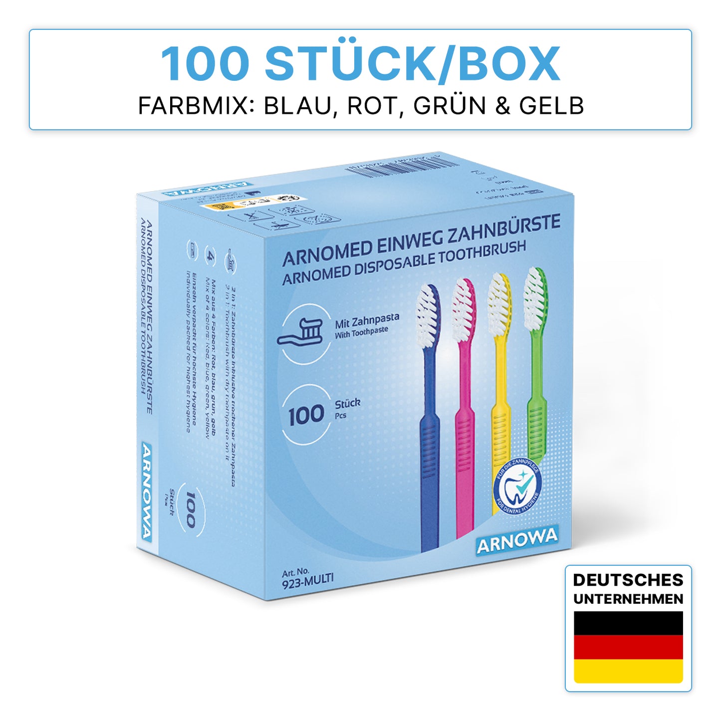 A box with 100 ARNOMED disposable toothbrushes with toothpaste from ARNOWA GmbH in the colors blue, red, green, and yellow with German/English text and a German flag to show the origin as a German company.