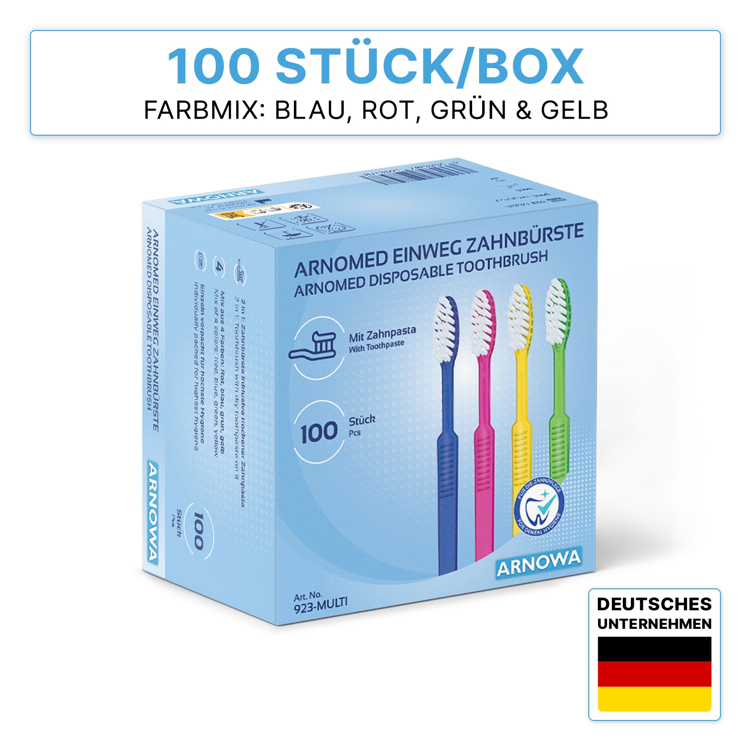A box with 100 ARNOMED disposable toothbrushes with toothpaste from ARNOWA GmbH in the colors blue, red, green, and yellow with German/English text and a German flag to show the origin as a German company.