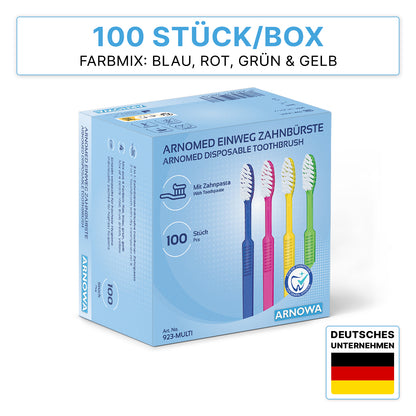 A box with 100 ARNOMED disposable toothbrushes with toothpaste from ARNOWA GmbH in the colors blue, red, green, and yellow with German/English text and a German flag to show the origin as a German company.