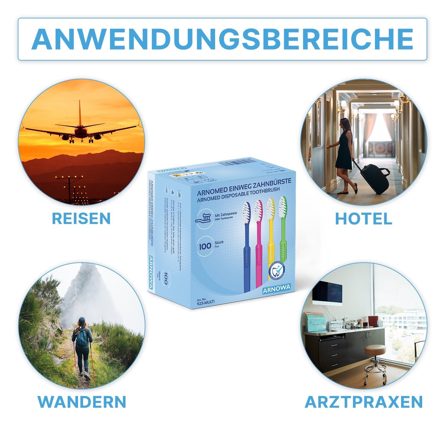 The focus is on the box of ARNOMED disposable toothbrushes with toothpaste (100 pieces) from ARNOWA GmbH, surrounded by symbols for TRAVEL, HOTEL, HIKING, and DOCTOR'S OFFICES - perfectly organized for on the go.