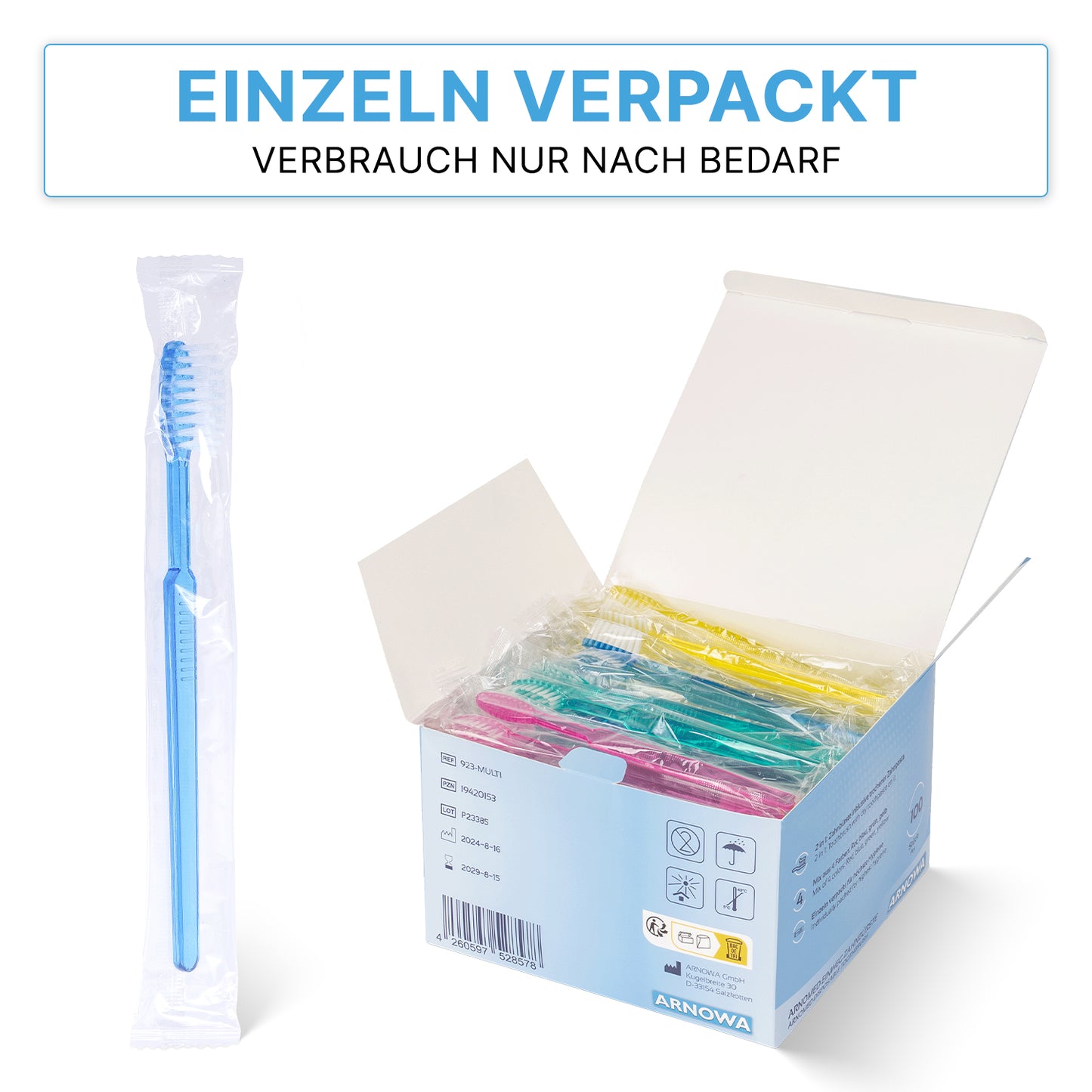 A blue ARNOMED disposable toothbrush with toothpaste from ARNOWA GmbH lies next to an open box (100 pieces) with assorted colors. Text above: "INDIVIDUALLY PACKED USED ONLY AS NEEDED." Ideal for hygiene: practical dental products.