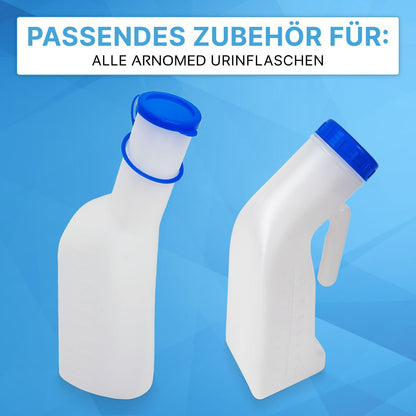 Two ARNOMED urinal bottles with blue lids, measurement markings, and handles are depicted on a blue background. Text: "Matching care accessory for: All ARNOMED urinals - ideal with ARNOMED cleaning brush from ARNOWA GmbH."