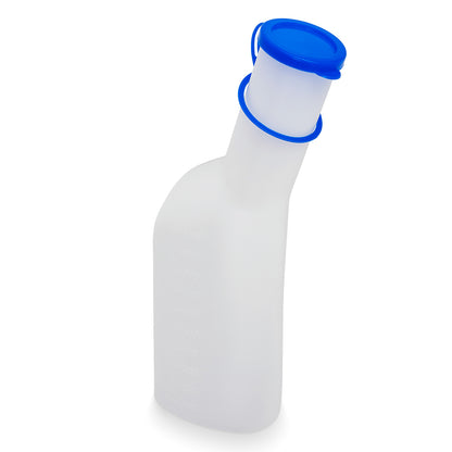 The ARNOMED Urine Bottle ECO Men by ARNOWA GmbH, hygienic and practical, made of translucent plastic with a blue screw cap and handle, stands upright - measurement markings on the side, ideal for your care needs.