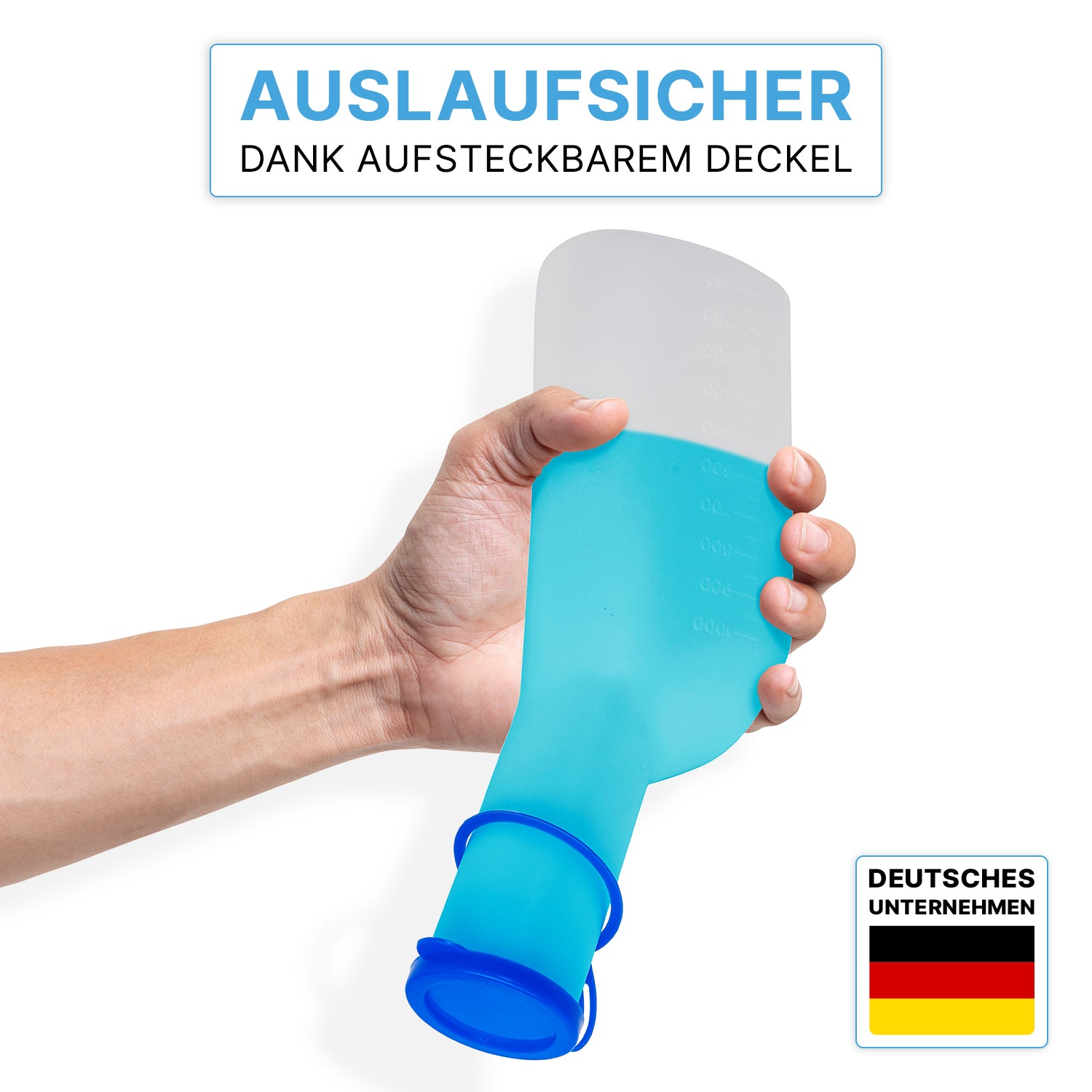 A hand holds the ARNOMED Urine Bottle ECO Men by ARNOWA GmbH with a hygienic transparent lid; German text above emphasizes the leak-proof design, the ARNOWA logo with the German flag is visible at the bottom right.