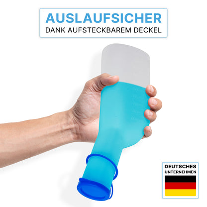 A hand holds the ARNOMED Urine Bottle ECO Men by ARNOWA GmbH with a hygienic transparent lid; German text above emphasizes the leak-proof design, the ARNOWA logo with the German flag is visible at the bottom right.