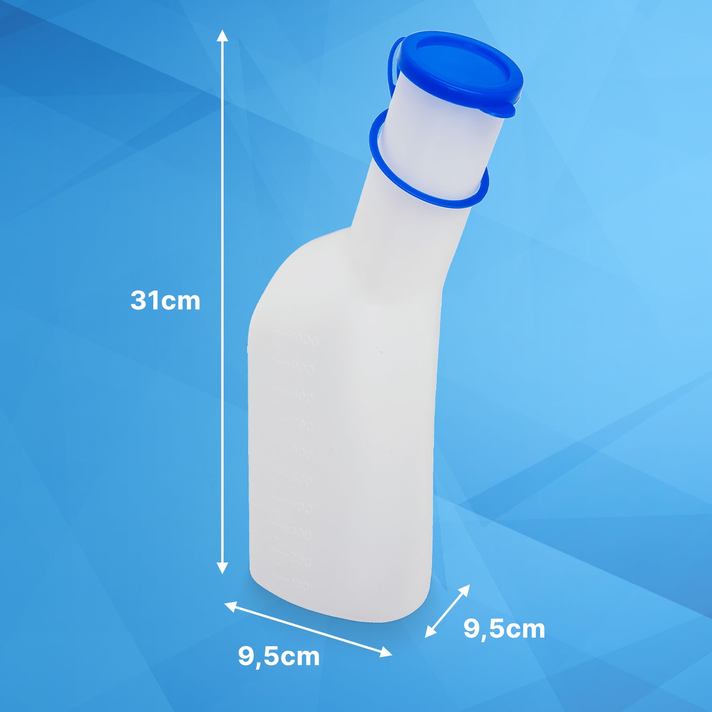 The ARNOMED Urine Bottle ECO Men by ARNOWA GmbH (1 piece), made of white plastic with a blue lid, stands on a blue, geometric background. Dimensions: 31 cm high, 9.5 cm wide at the base - ideal for care needs.