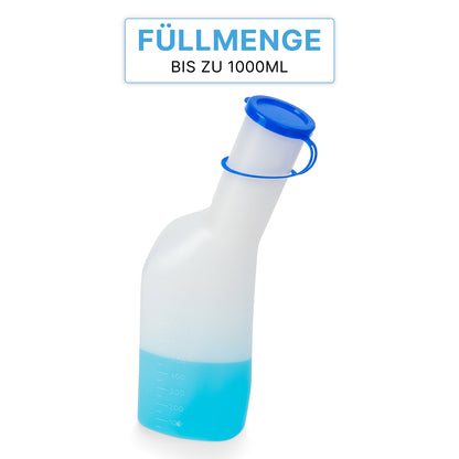 The ARNOMED Urine Bottle ECO Men (by ARNOWA GmbH) is a hygienic, practical men's urinal with a blue lid, translucent design, labeled with "Capacity up to 1000ml", ideal for care needs.