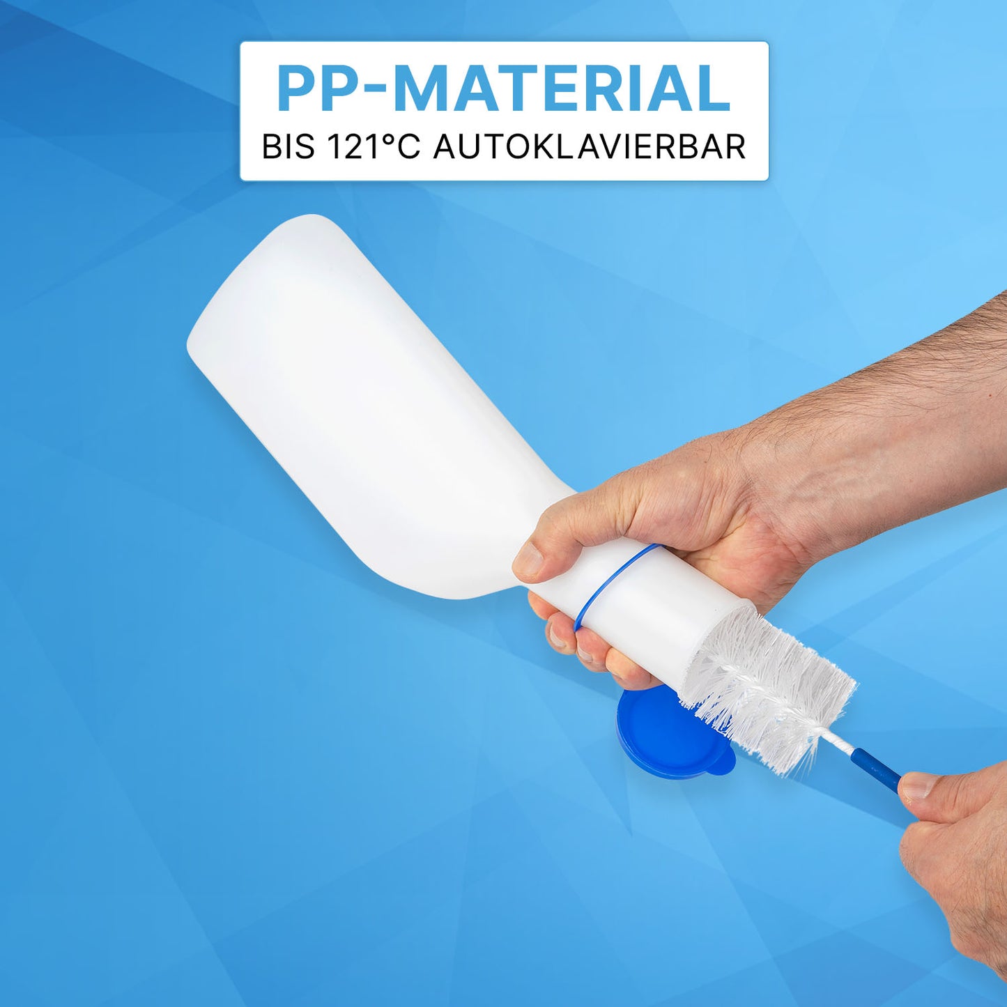 A hand cleans the ARNOMED Urine Bottle ECO Men by ARNOWA GmbH (1 piece) with a white brush; text: "PP MATERIAL AUTOCLAVABLE UP TO 121°C" - perfect for hygienically clean care needs.