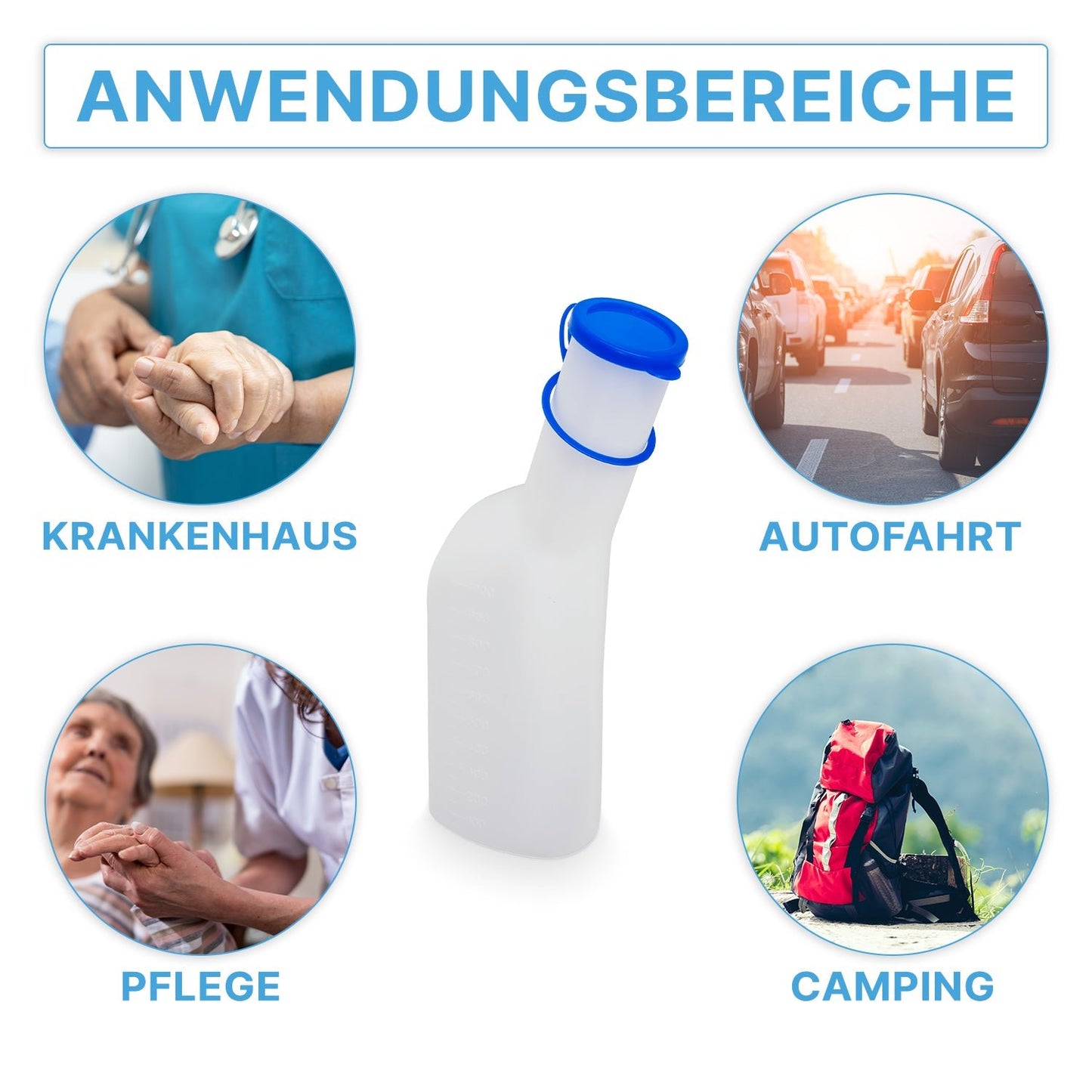 The ARNOMED Urine Bottle ECO Men by ARNOWA GmbH made of white plastic with a blue lid is centrally depicted, surrounded by symbols for hospital, car travel, care, and camping - thus emphasizing its hygienic and versatile usability.