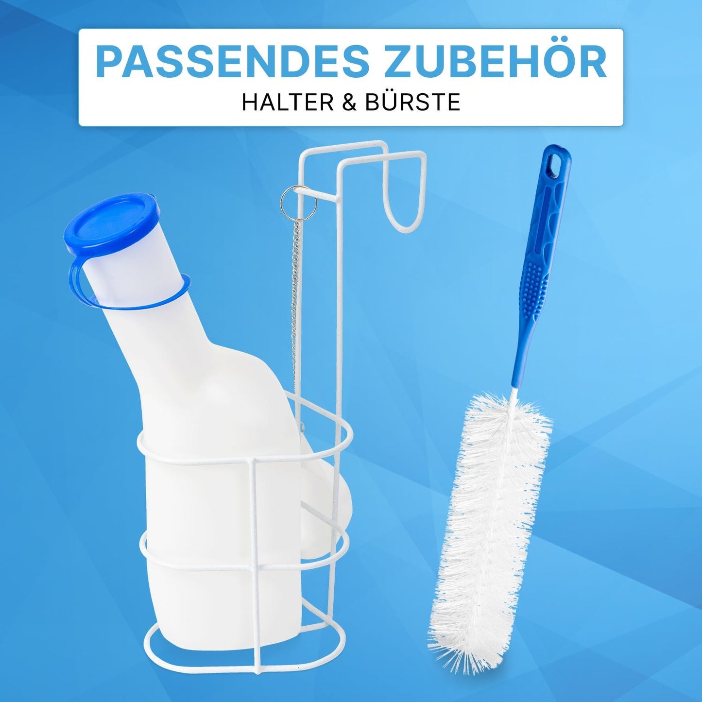 The ARNOMED Urine Bottle ECO Men by ARNOWA GmbH stands with a blue lid in the white metal holder next to a brush with a blue handle on a blue background. Text above: "MATCHING ACCESSORIES HOLDER & BRUSH".